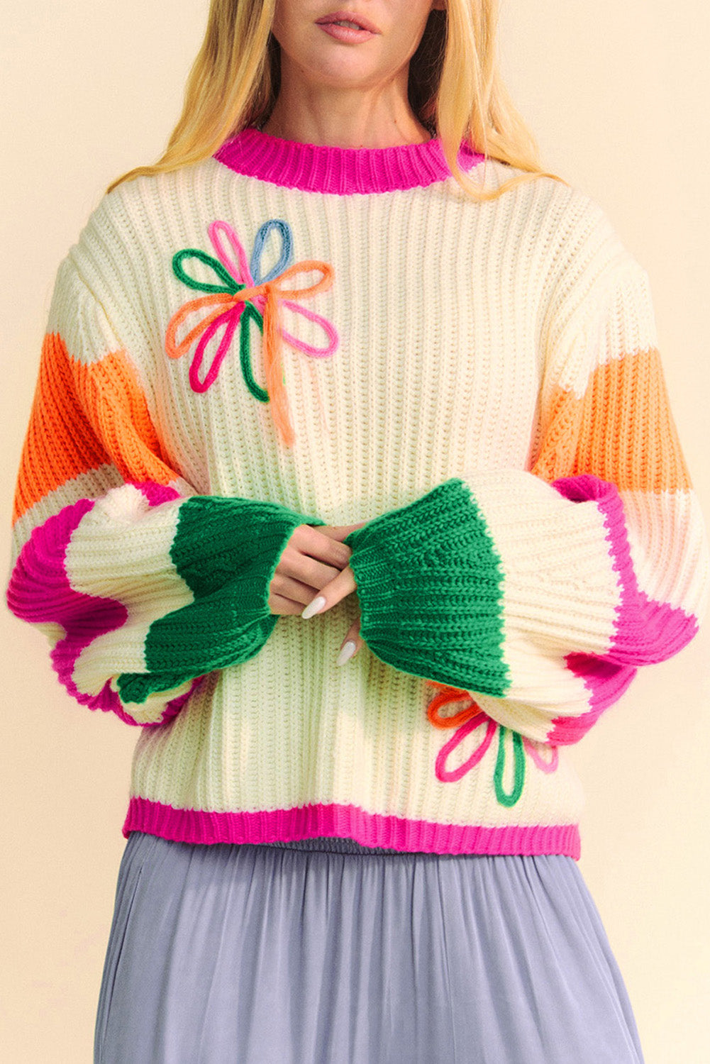 Colorblock Flower Print Cable Knit Loose Sweater