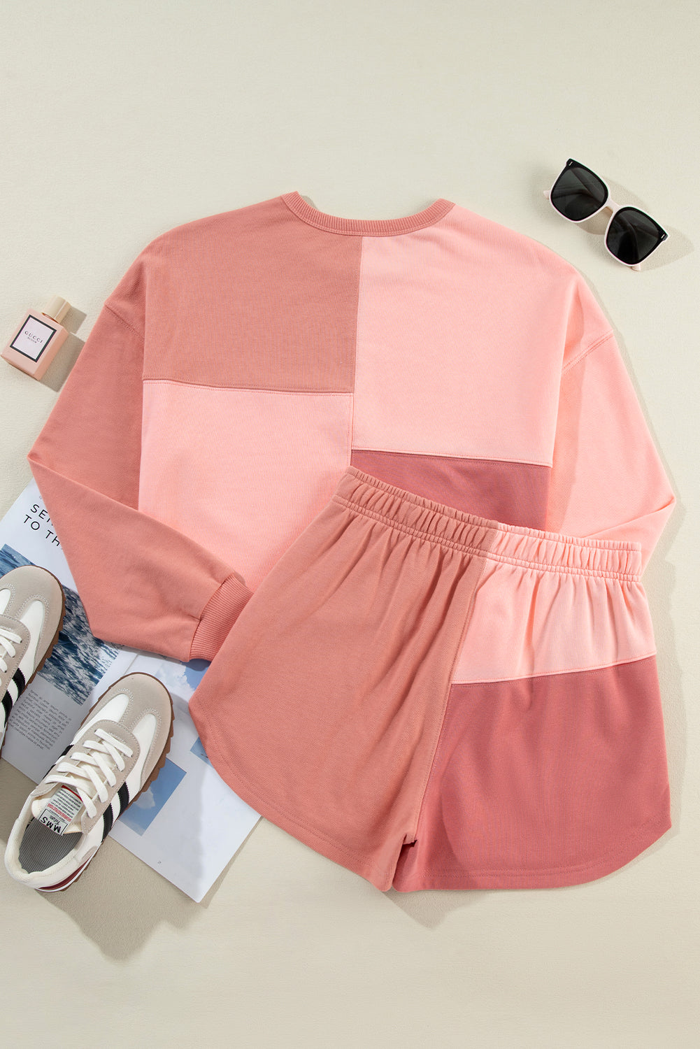 Colorblock Patchwork Long Sleeve Shorts Outfit