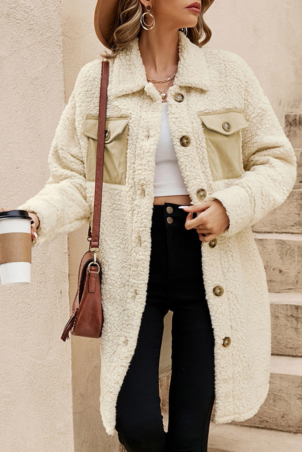 Beige Contrast Flap Pocket Single Breasted Teddy Coat