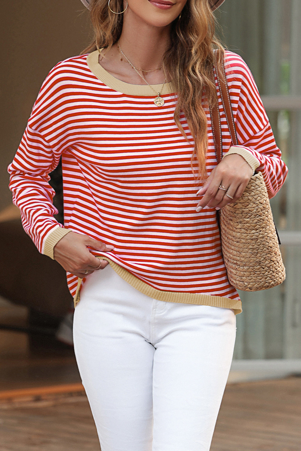 Contrast Trimmed Striped Drop Shoulder Sweater