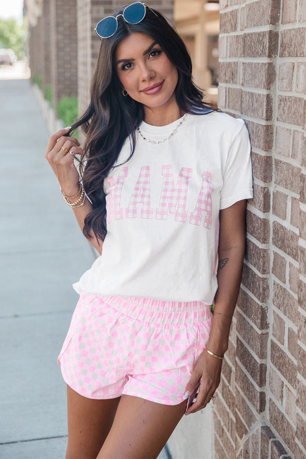 White MAMA Printed Tee and Plaid Shorts Lounge Set