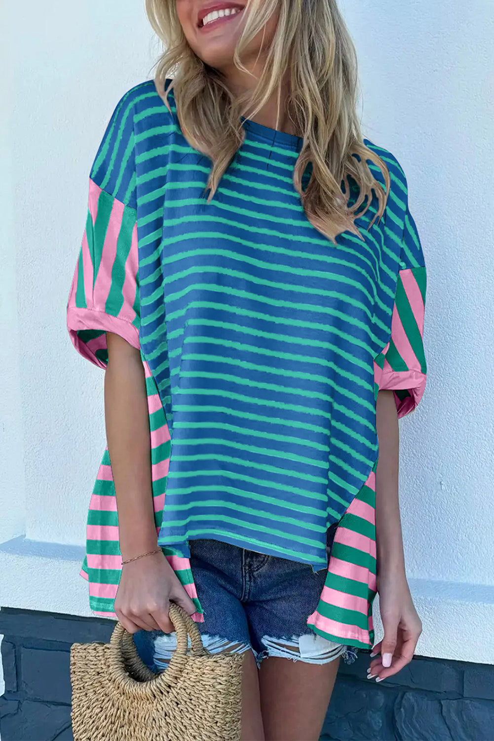 Stripe Colorblock Patchwork Baggy T Shirt