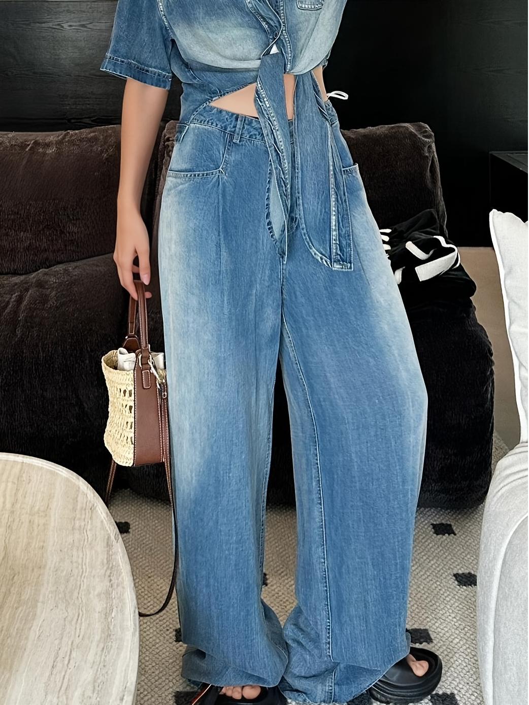 Pocketed Zipped Wide Leg Gradient Denim Pants