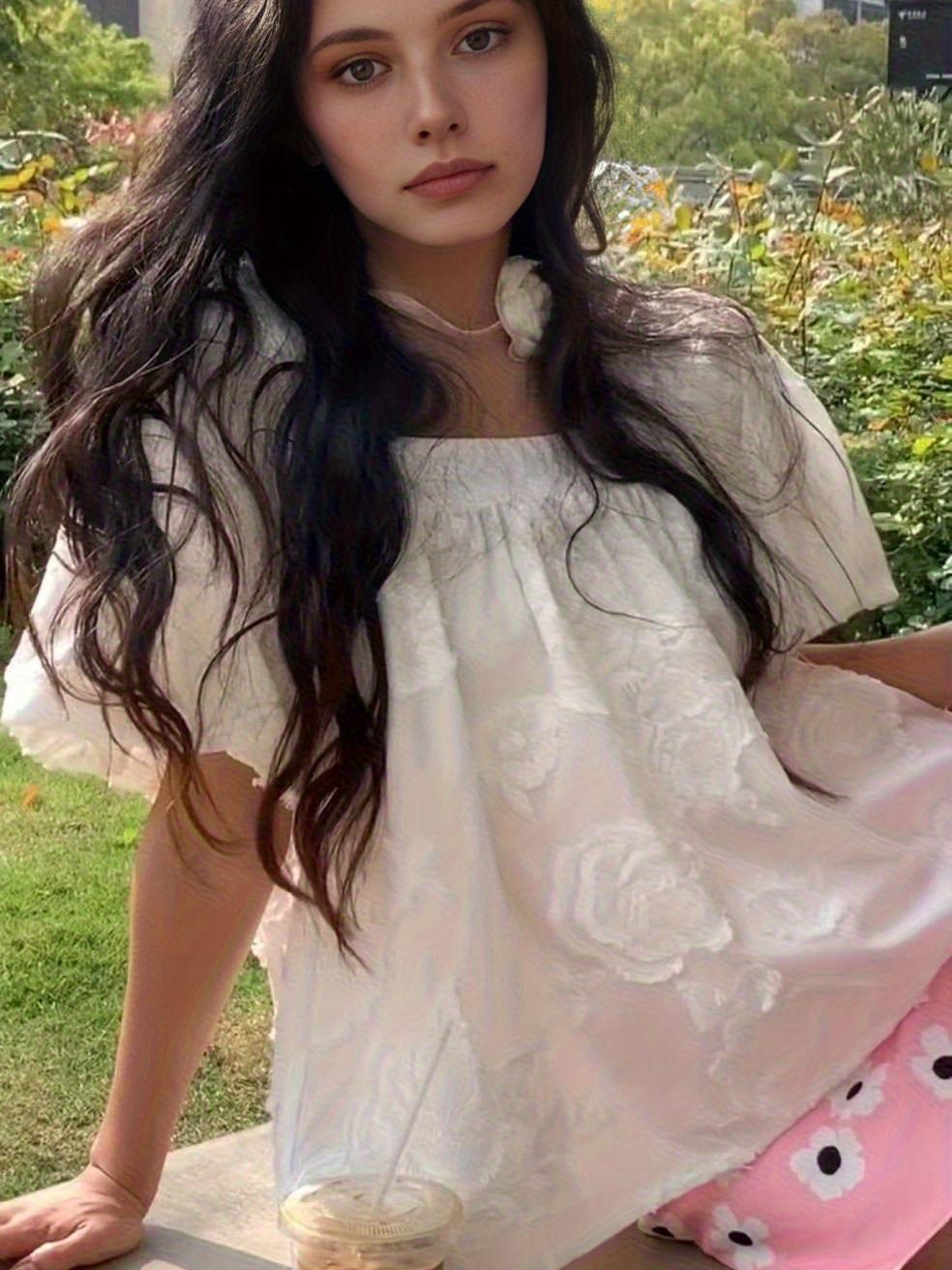 Square Neck Floral Embroidered Puff Sleeve Blouse