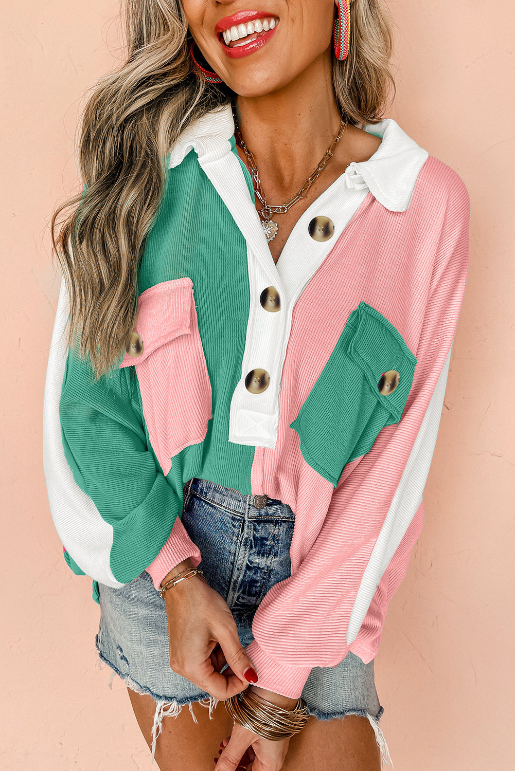 Colorblock Ribbed Collared Oversized Sweatshirt