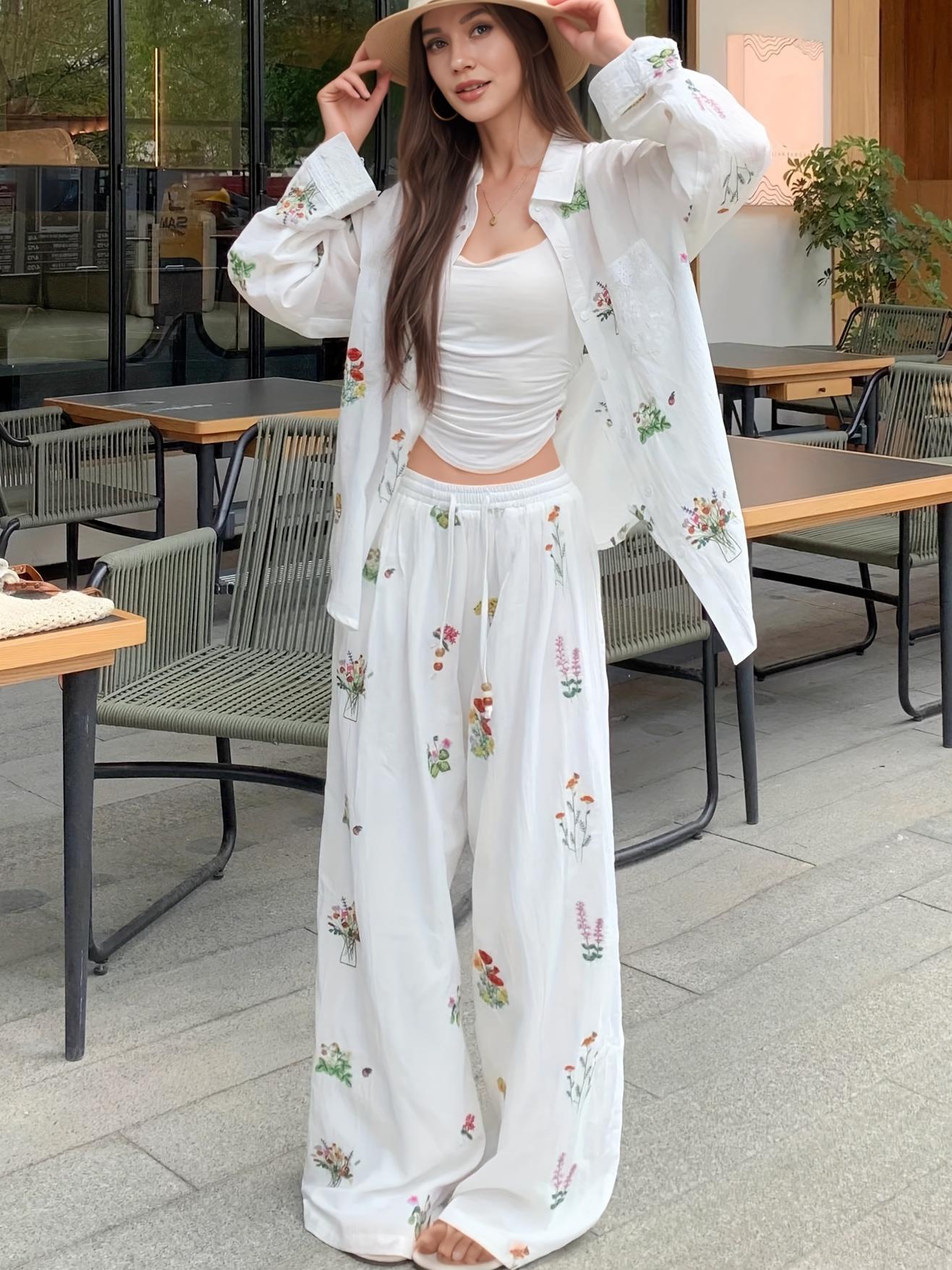 Floral Lace Embroidered Collared Shirt Drawstring Wide Leg Pants Set