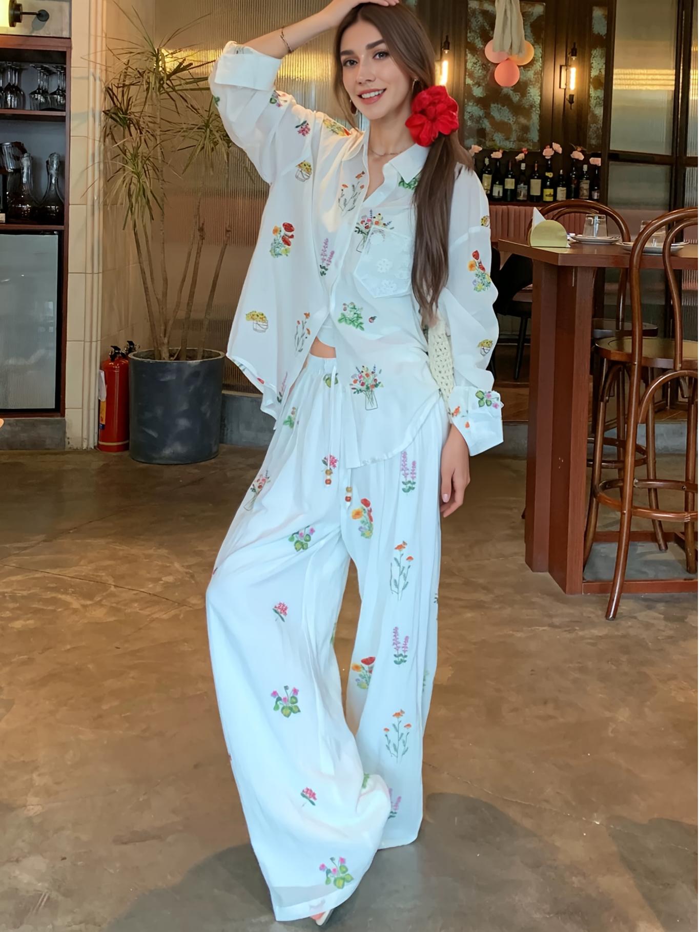 Floral Lace Embroidered Collared Shirt Drawstring Wide Leg Pants Set