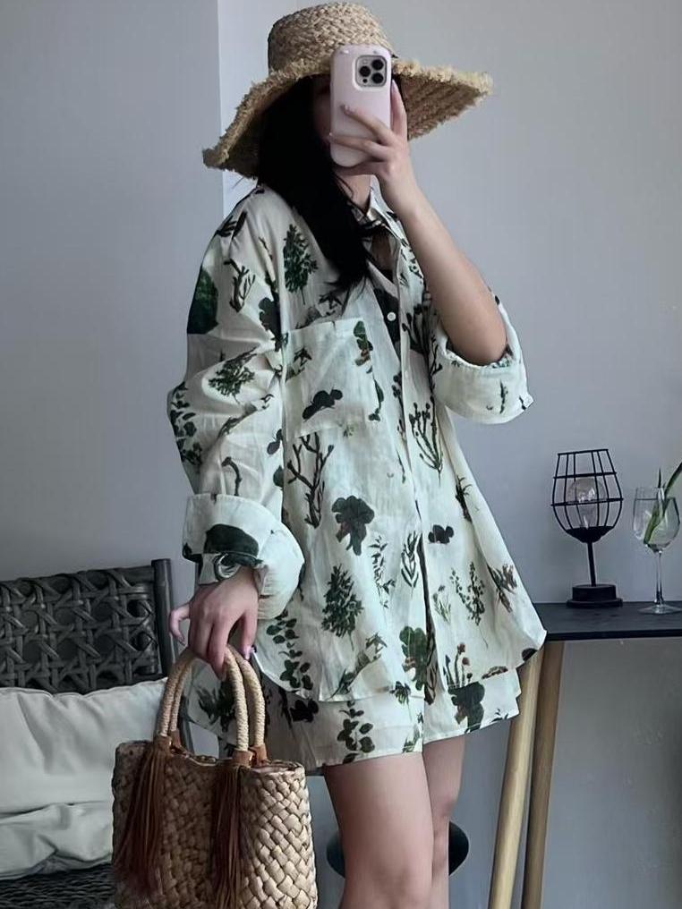 Floral Print Collared Shirt Drawstring Pocketed Shorts Set