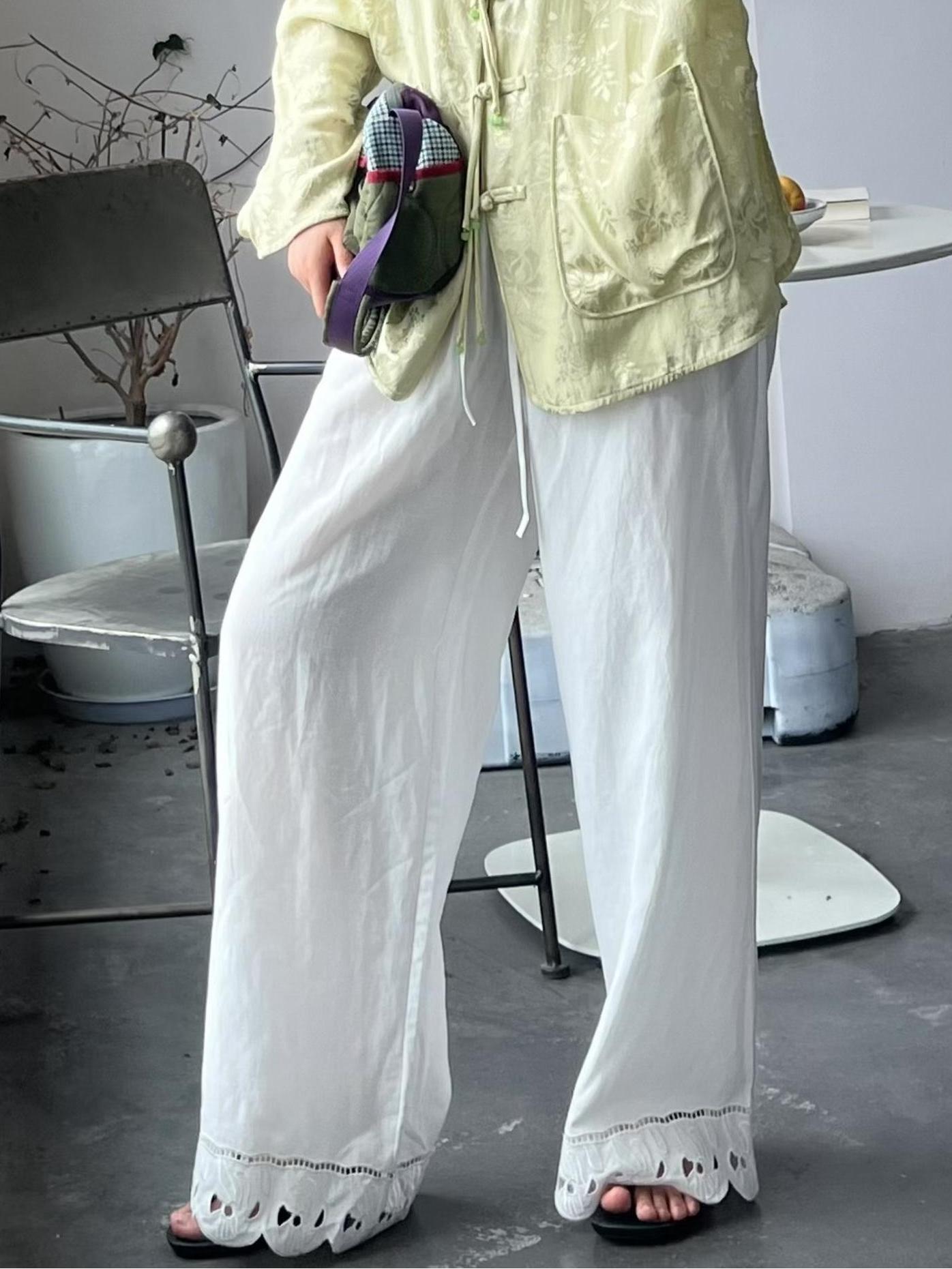 Drawstring Pocketed Floral Embroidered Hem Wide-Leg Pants