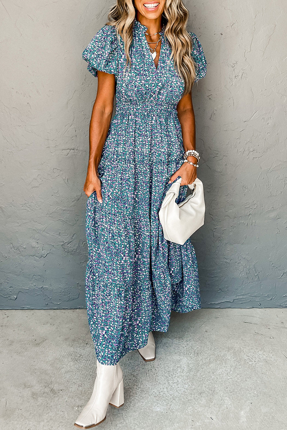 Printed V Neck Shirred Short Puff Sleeve Maxi Dress