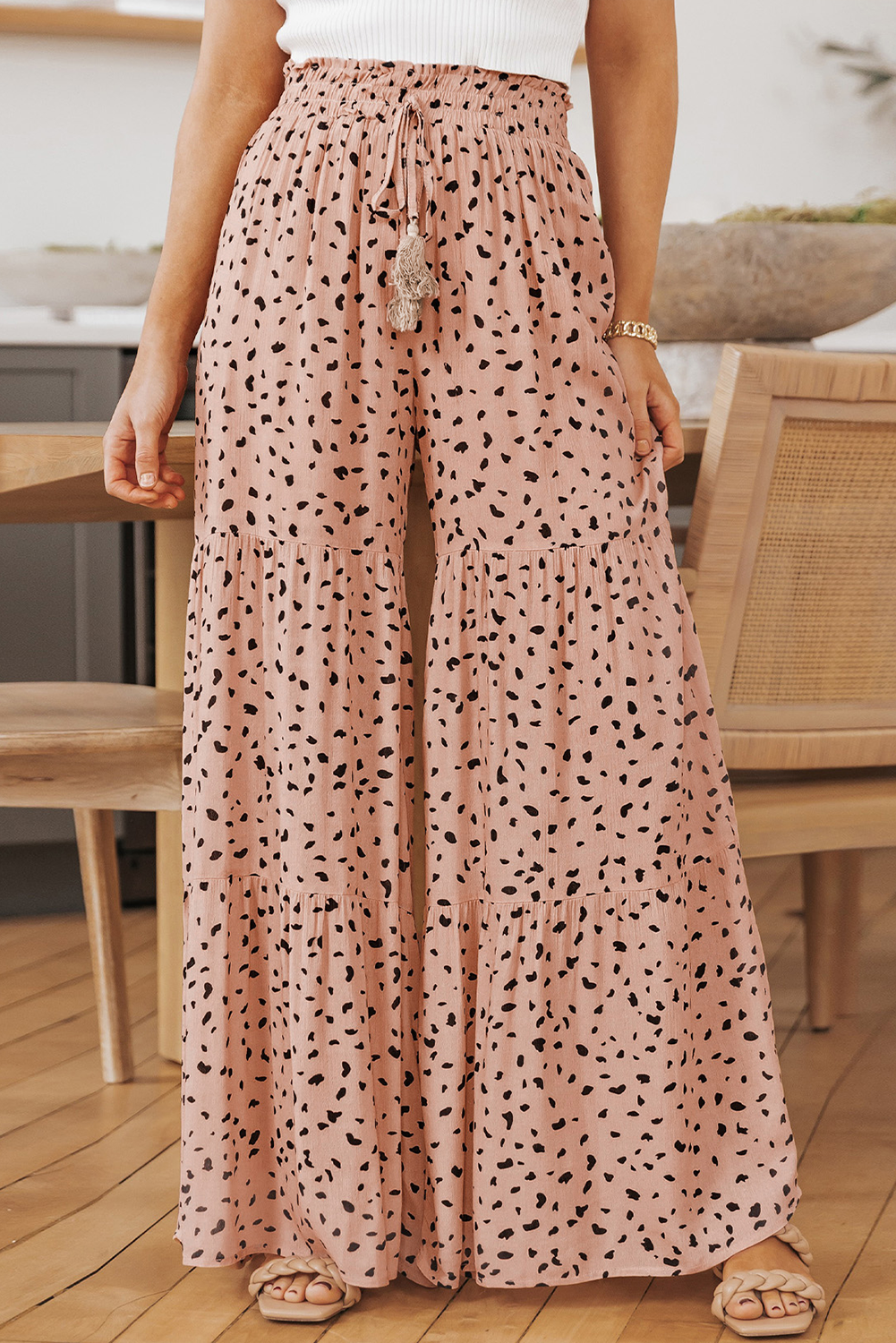 Ruffle Wide Leg Dalmatian Palazzo Pants