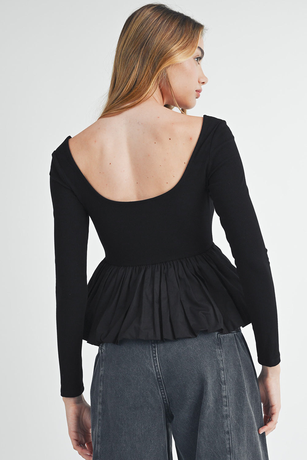 Ribbed Knit Long Sleeve Scoop Neck Peplum Patchwork Top