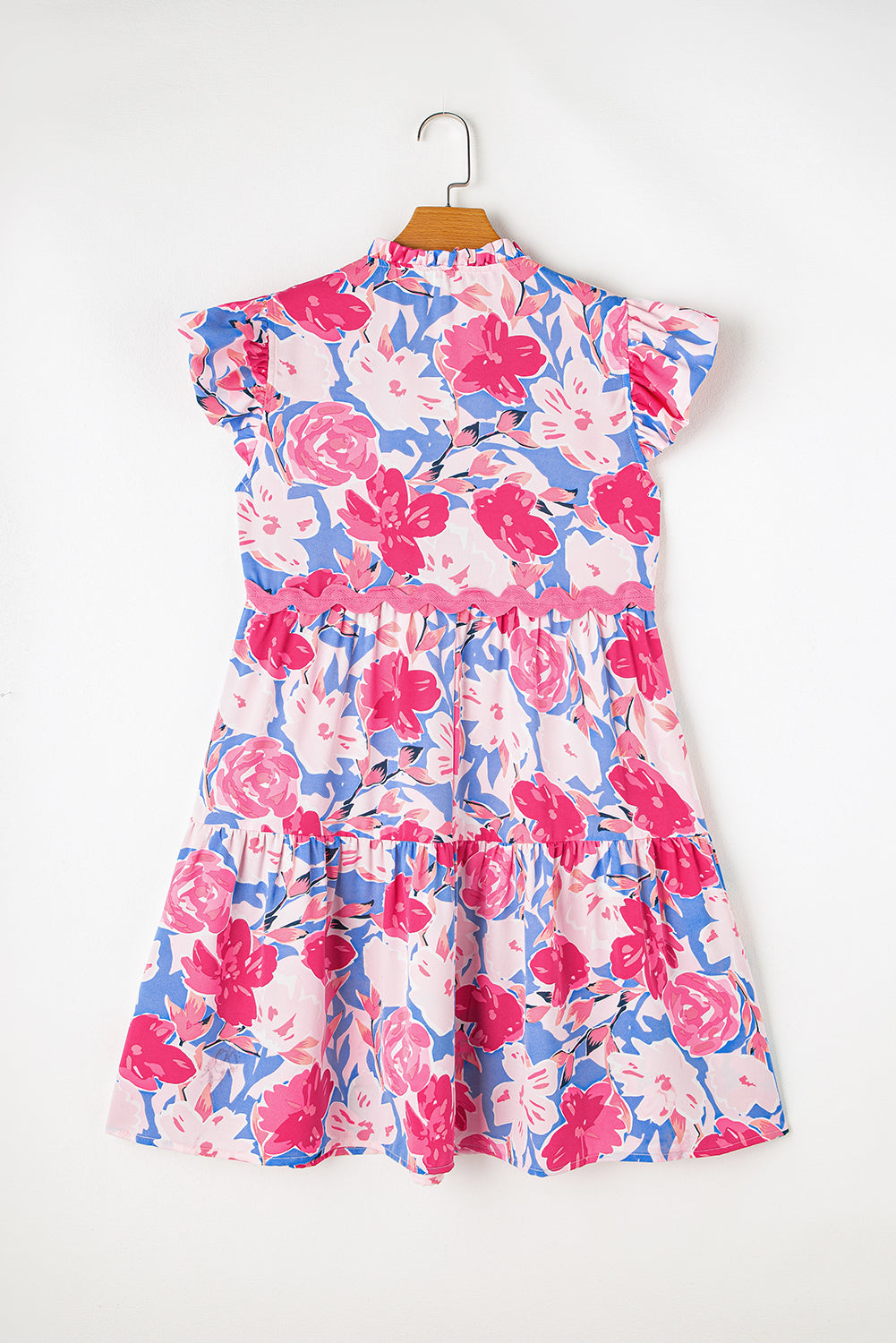 Floral Printed V Notched Ric Rac Flutter Sleeve Dress