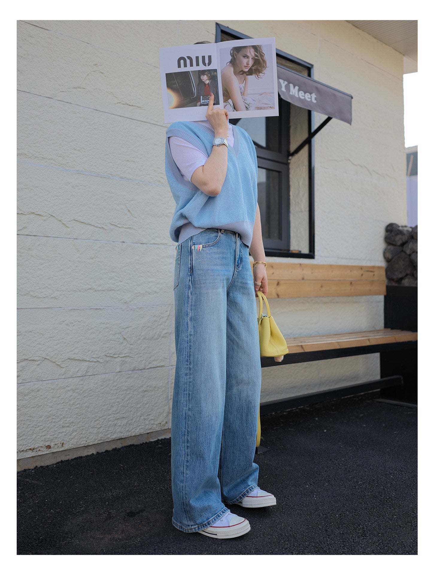 Embroideried Detail Pockets Straight Wide Leg Jeans