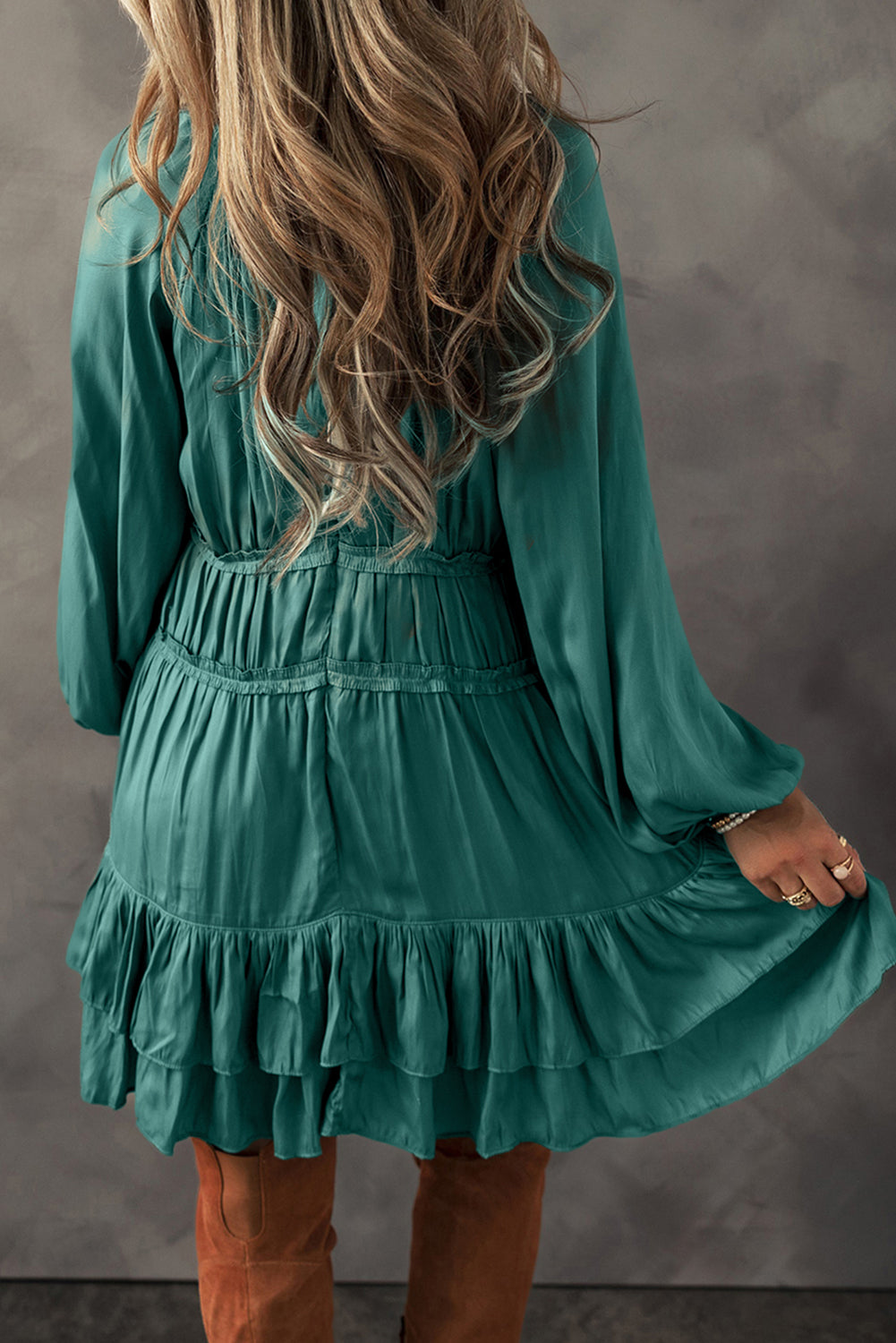 Mist Green Tiered Ruffled Puff Sleeve Loose Fit Mini Dress