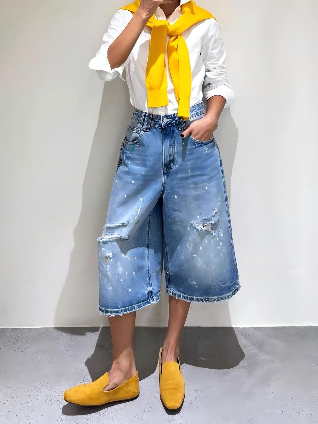 Colorful Graffiti Ripped Cropped Wide Leg Jeans