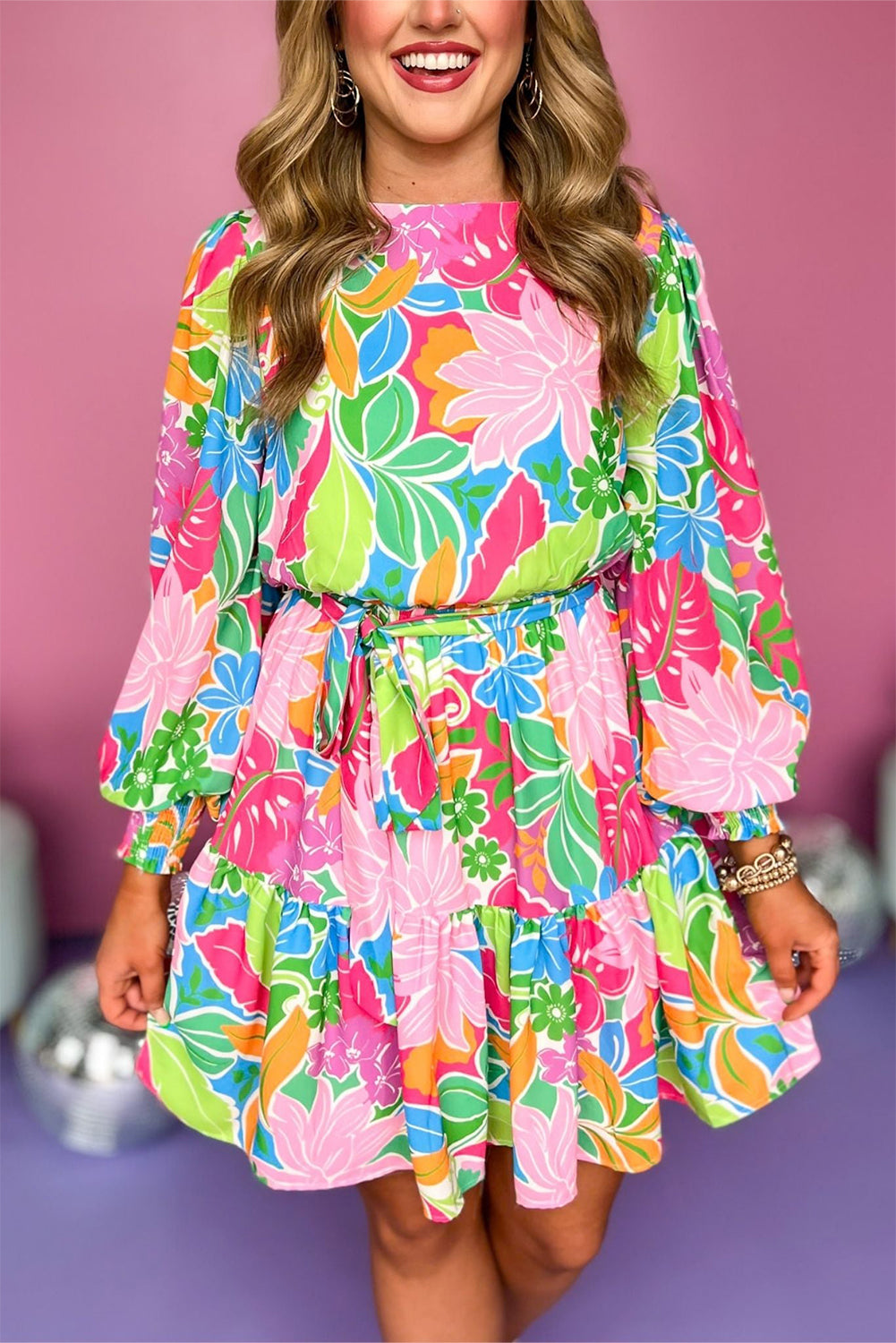 Multicolor Botanical Bubble Sleeve Mini Dress