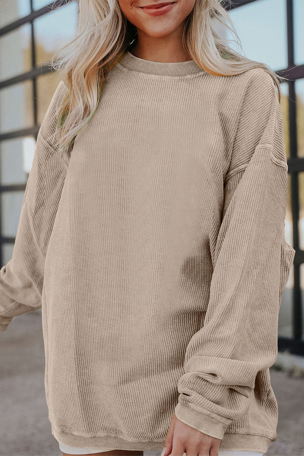 Smoke Gray Ribbed Corduroy Oversized Sweatshirt