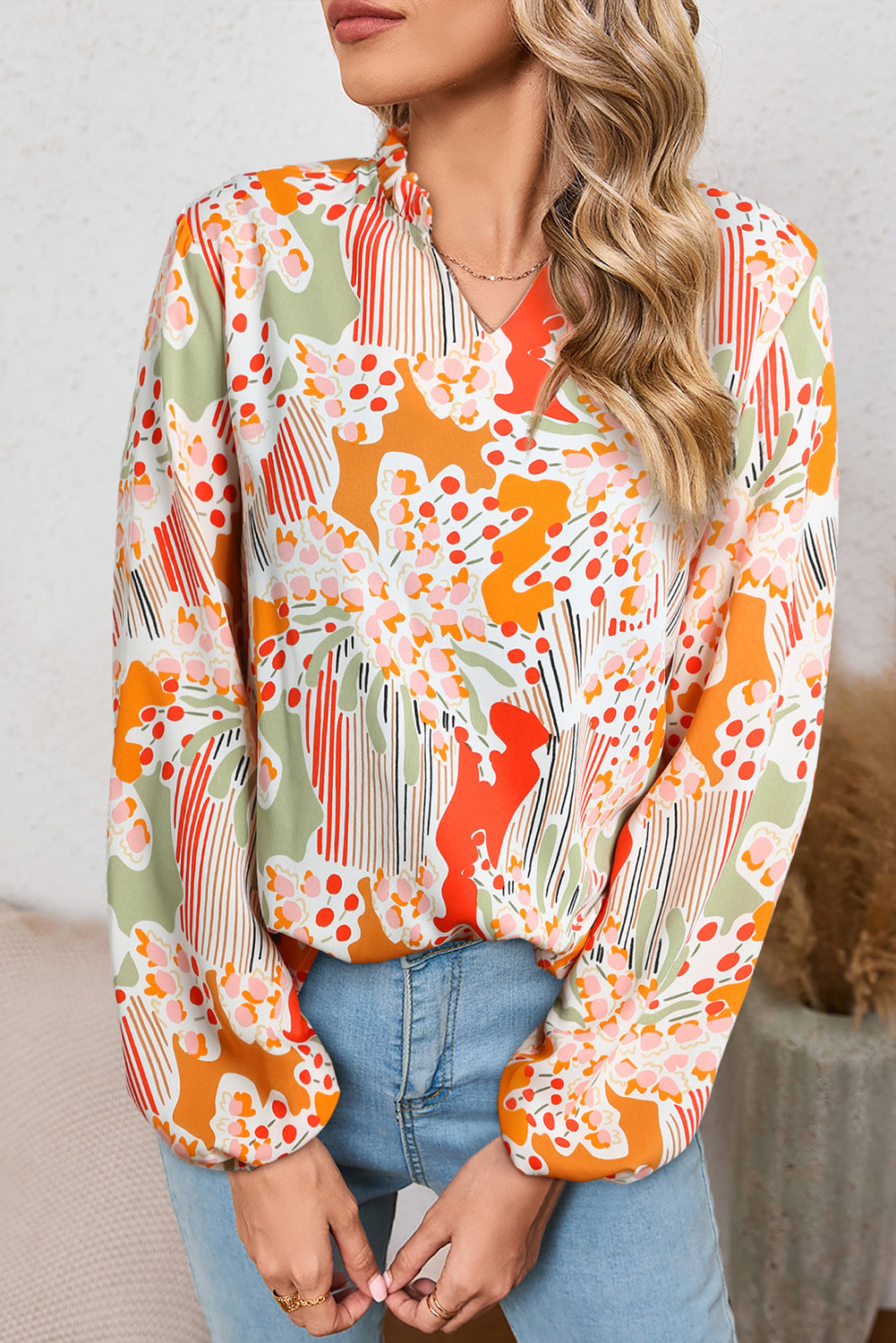 Printed Boho Print V Neck Ruched Bishop Sleeve Blouse