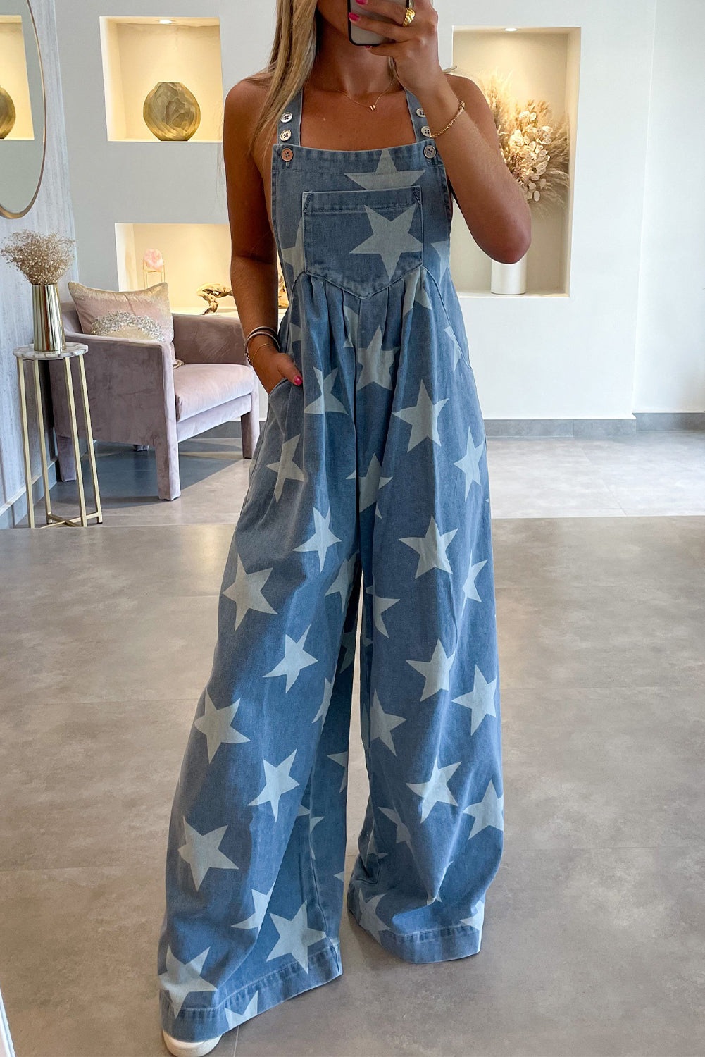 Star Print Buttoned Strap Pleat Wide Leg Denim Overall