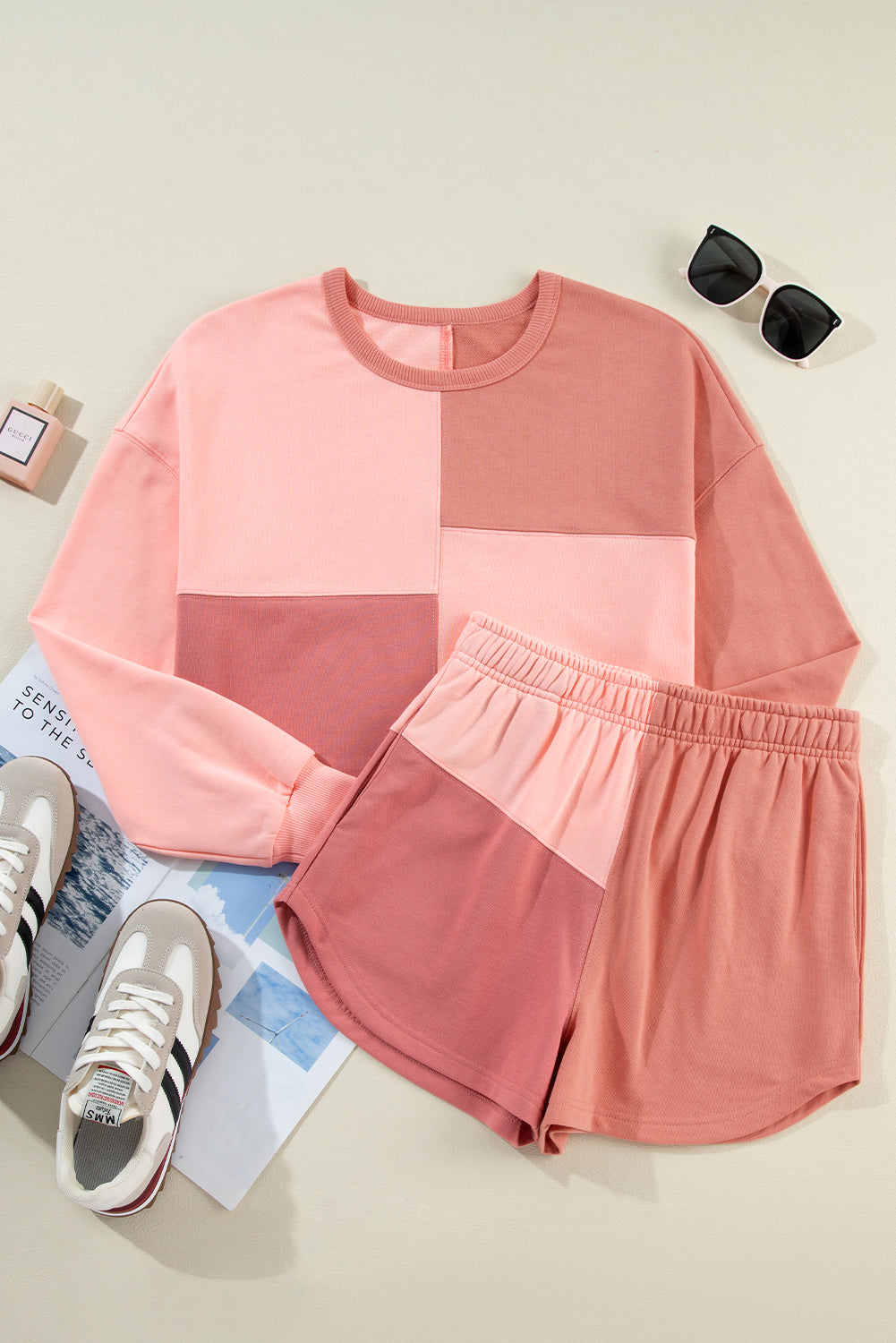 Colorblock Patchwork Long Sleeve Shorts Outfit