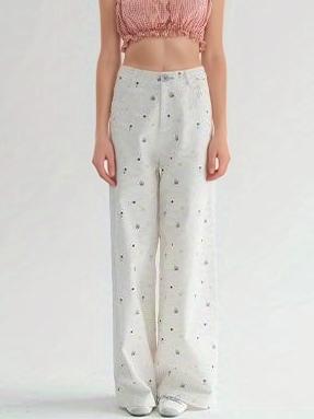 Dot Floral Pockets Straight Pants