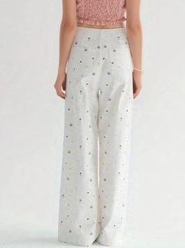 Dot Floral Pockets Straight Pants