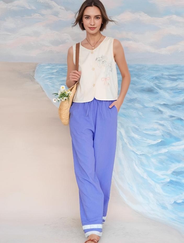 Lace Hem Drawstring Pockets Pants