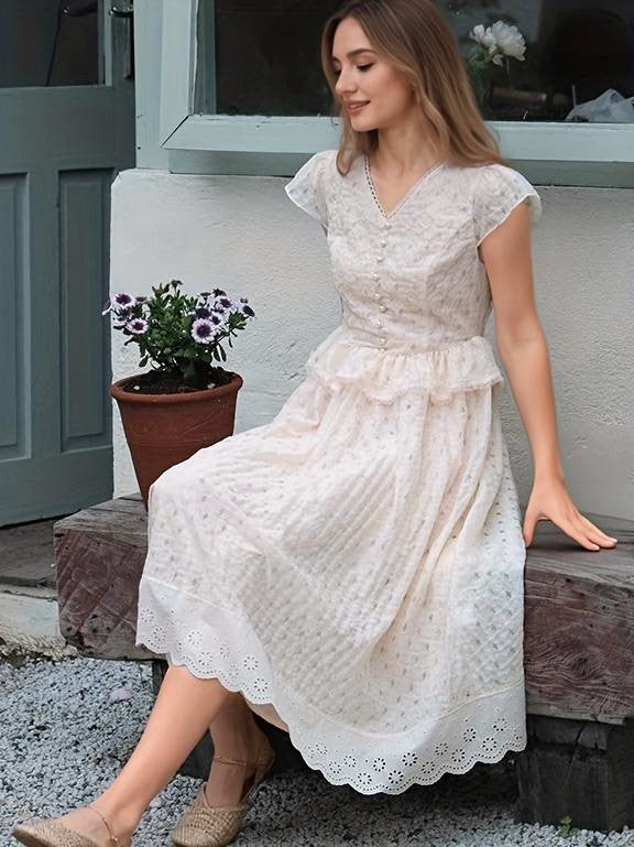 Ruffle Lace Contrast V Neck Flutter Sleeve Midi Dress