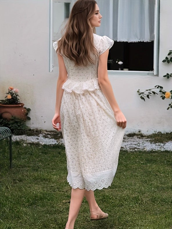 Ruffle Lace Contrast V Neck Flutter Sleeve Midi Dress