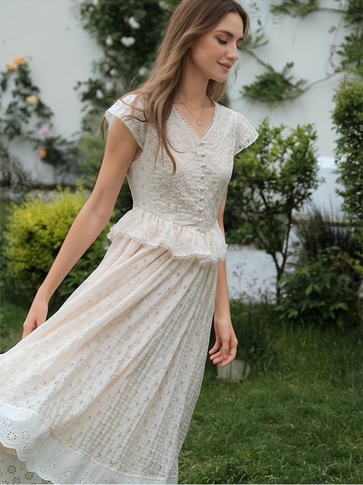 crochet lace v-neck flutter short sleeve midi dress Alex Marie Kate V-Neck Short Flutter Sleeve Embroidered Lace Midi Dress at Hamilton Place in Chattanooga, TN