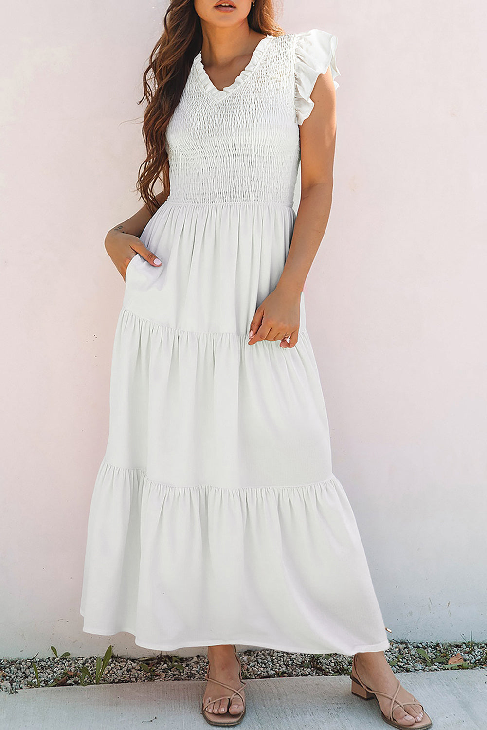 Square Neck Smocked Bodice Flutter Sleeve Maxi Dress
