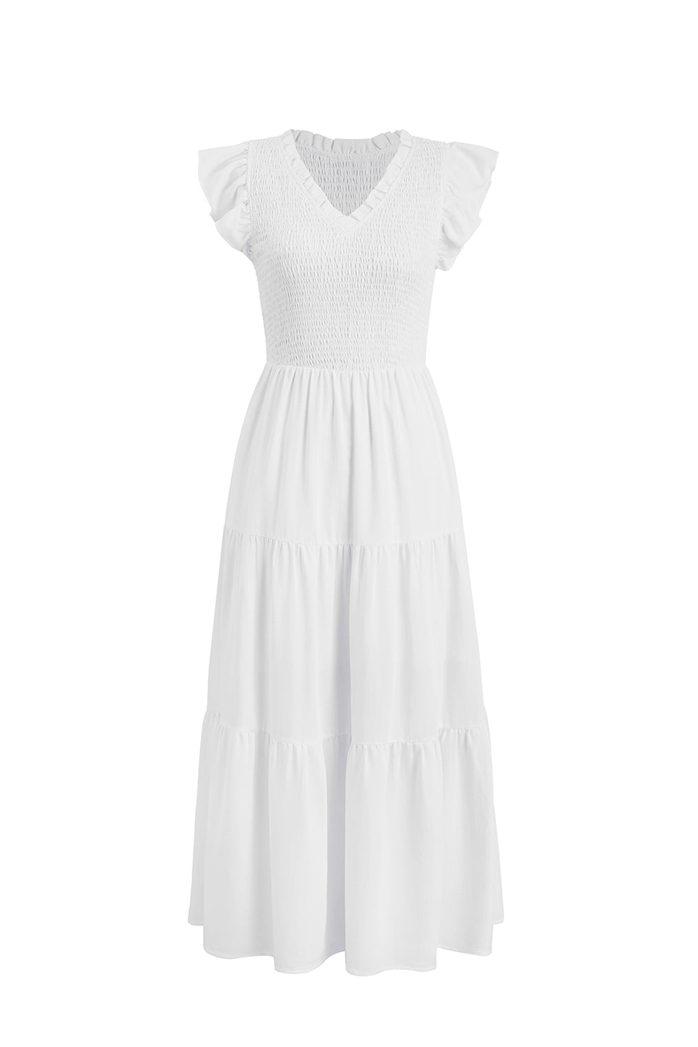 Square Neck Smocked Bodice Flutter Sleeve Maxi Dress