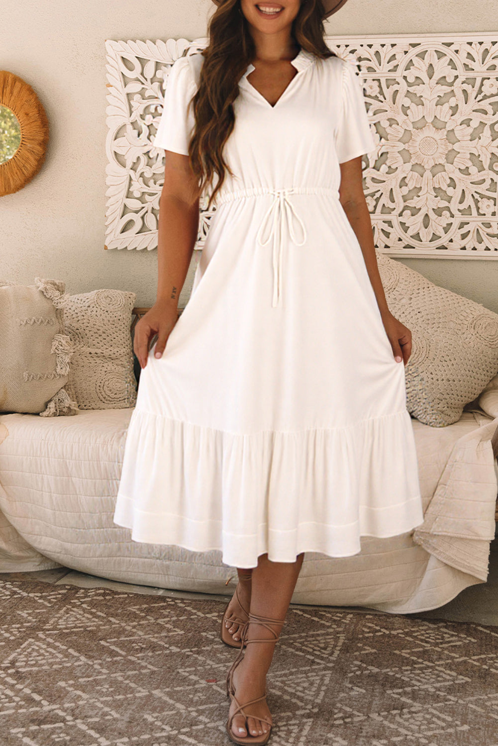 Short Sleeve Frilled Split Neck Drawstring Ruffle Hem Midi Dress