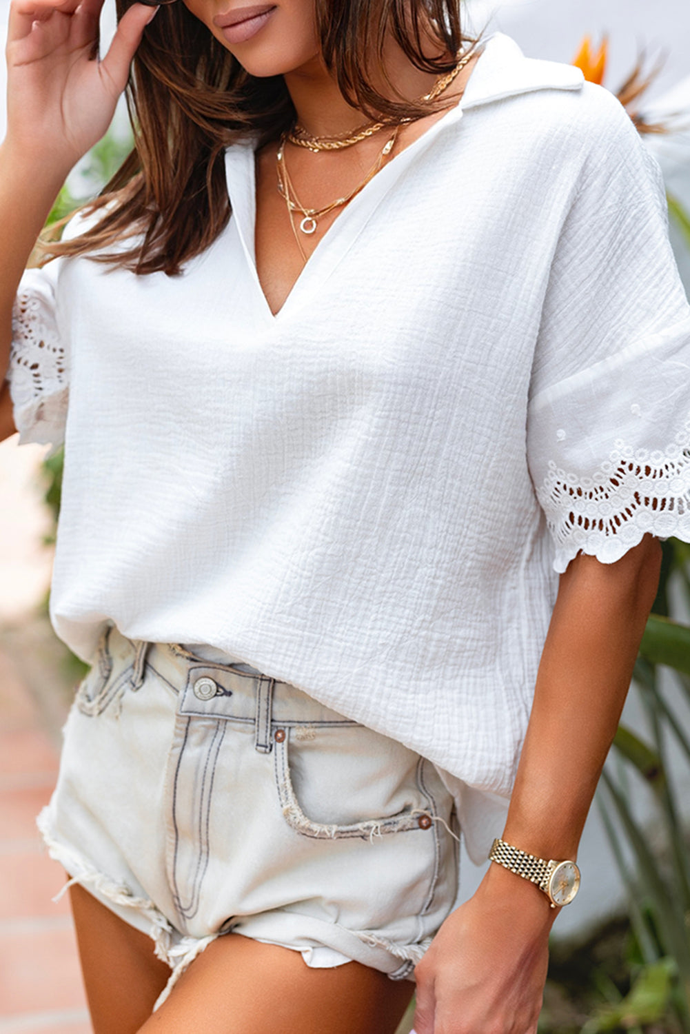 V Neck Crinkled Lace Splicing Sleeve Collared Blouse