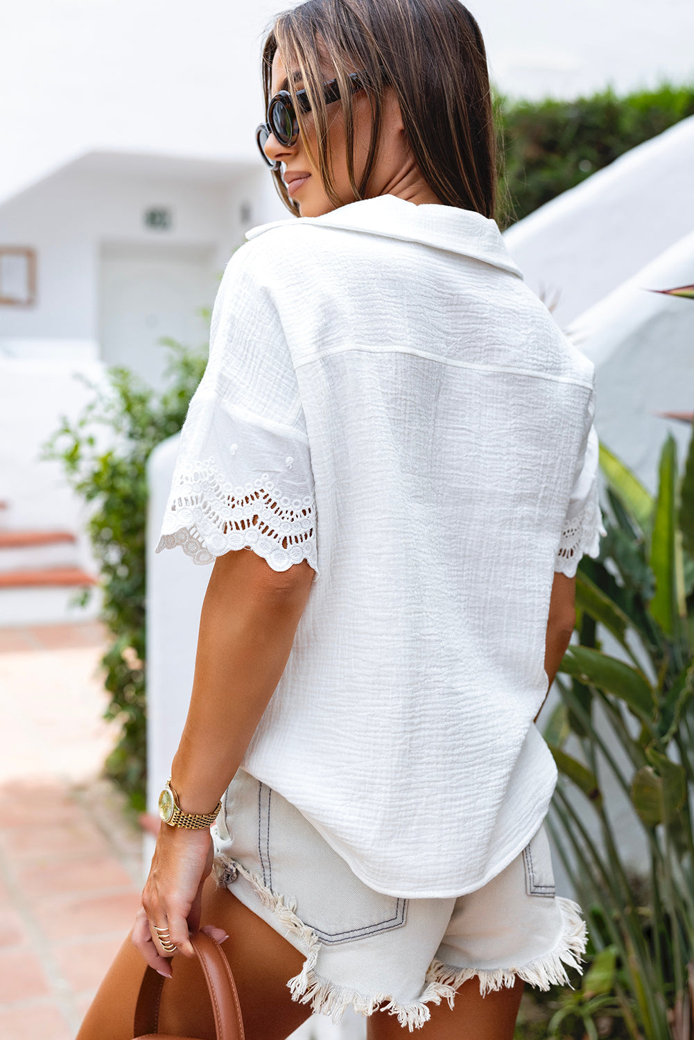 V Neck Crinkled Lace Splicing Sleeve Collared Blouse