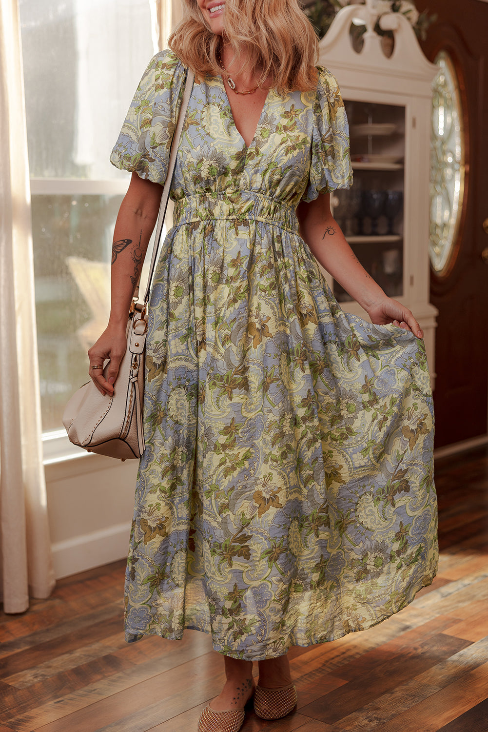 Vintage Floral V Neck Short Puff Sleeve Maxi Dress