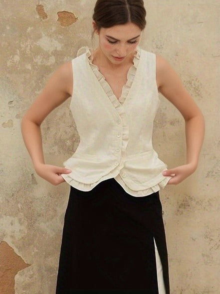 V-neck Frill Trim Button Up Vest