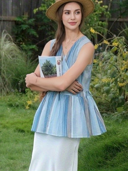 Striped V-neck Ruffle Wrap Sleeveless Blouse