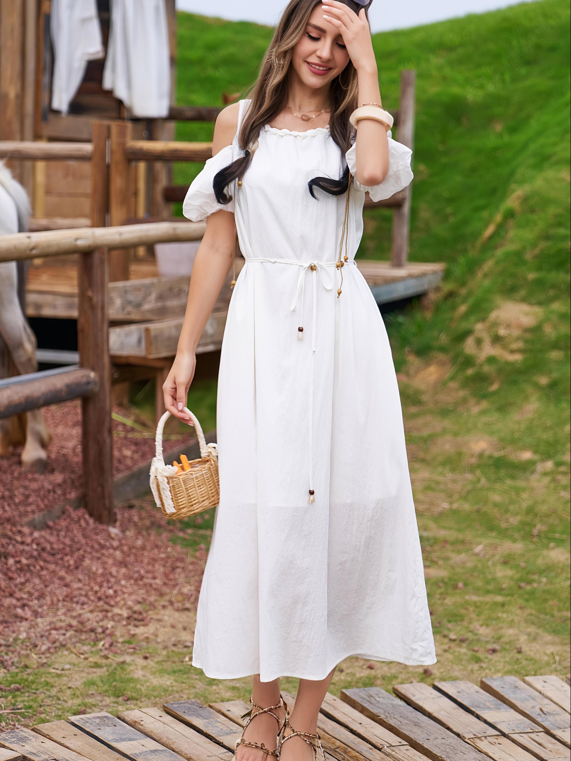 Boho Off Shoulder Puff Sleeve Rope Belt Dress