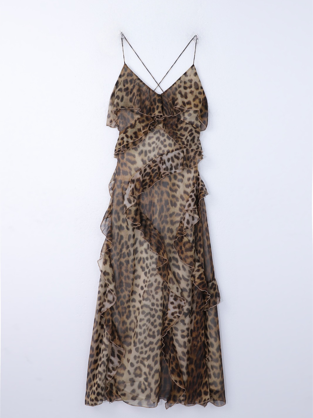 Leopard V-neck Ruffle Backless Criss Cross Cami Dress