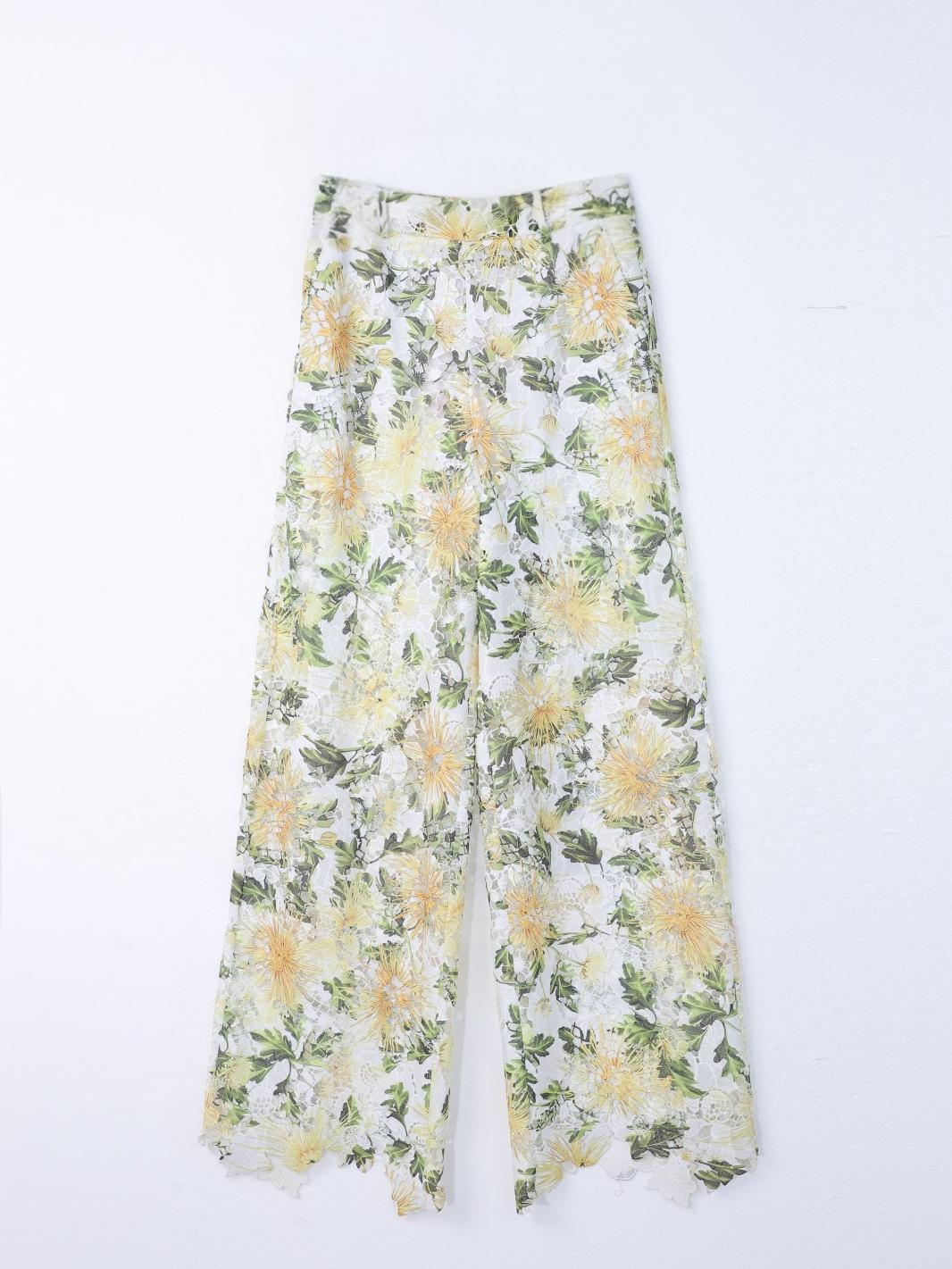 Floral Eyelet Hollow Lining Irregular Hem Straight Pants