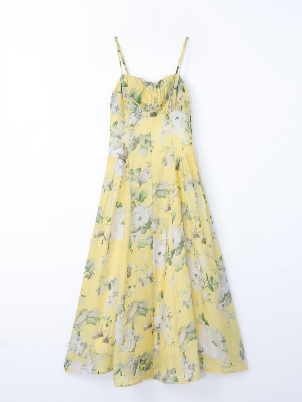 Floral Ruched Bust Fitted Waist Zipper Midi Cami Dress