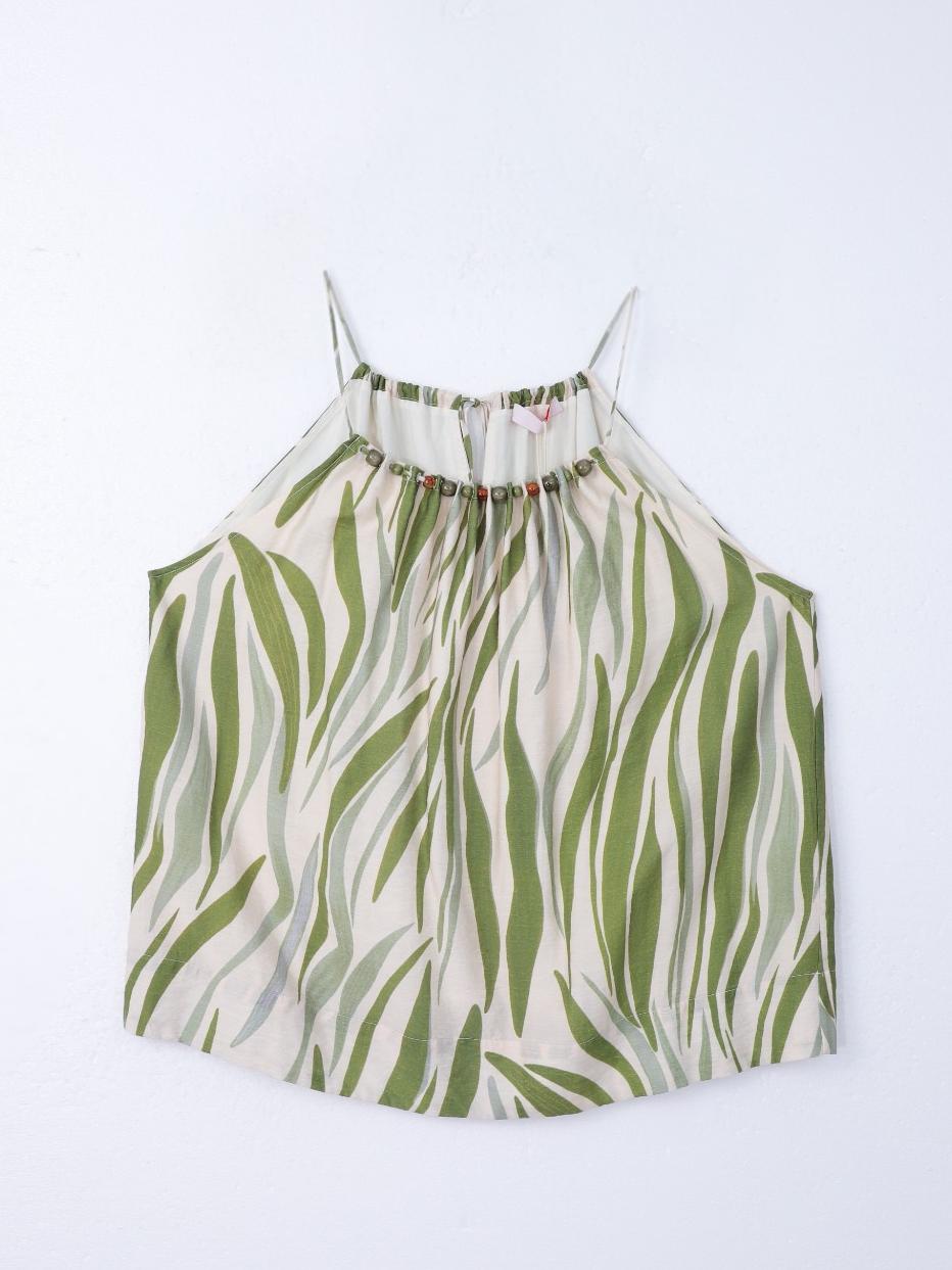 Scoop Neck Beaded Spaghetti Strap Back Lace-up Top