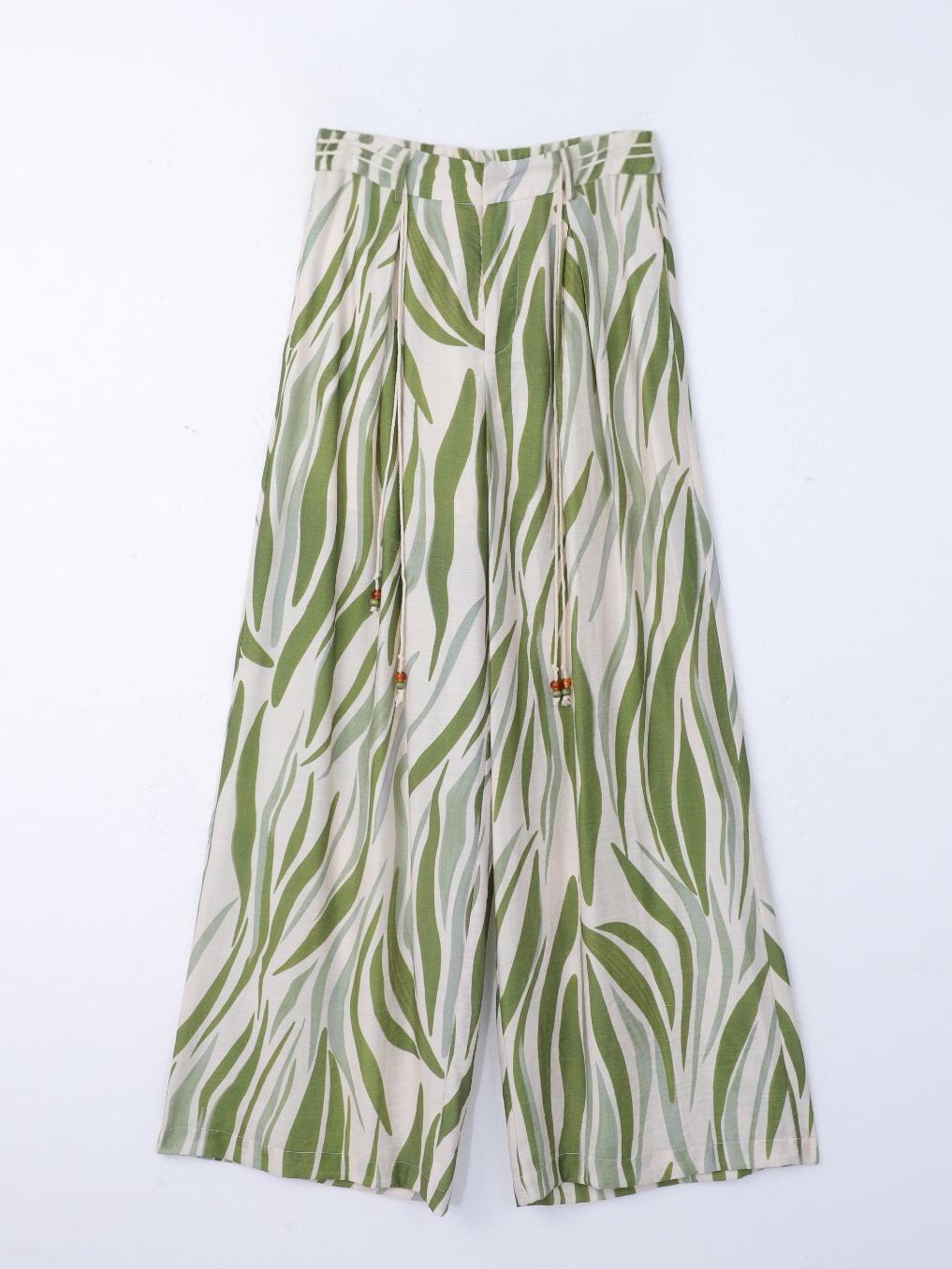 Beaded Rope Tied Belt Wide Leg Pants