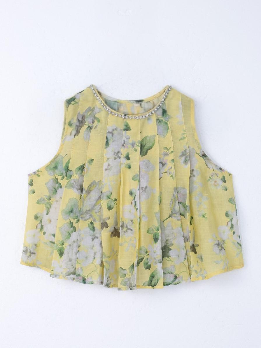 Floral Rhinestones Neck Trim Pleated Ruffle Crop Tank Top