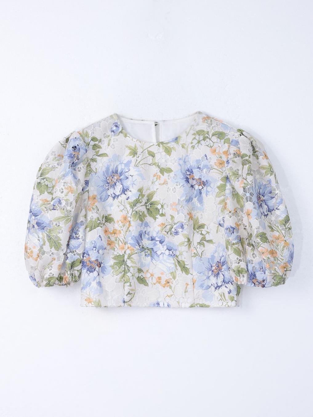 Floral Eyelet Hollow Round Neck Puff Sleeve Crop Top