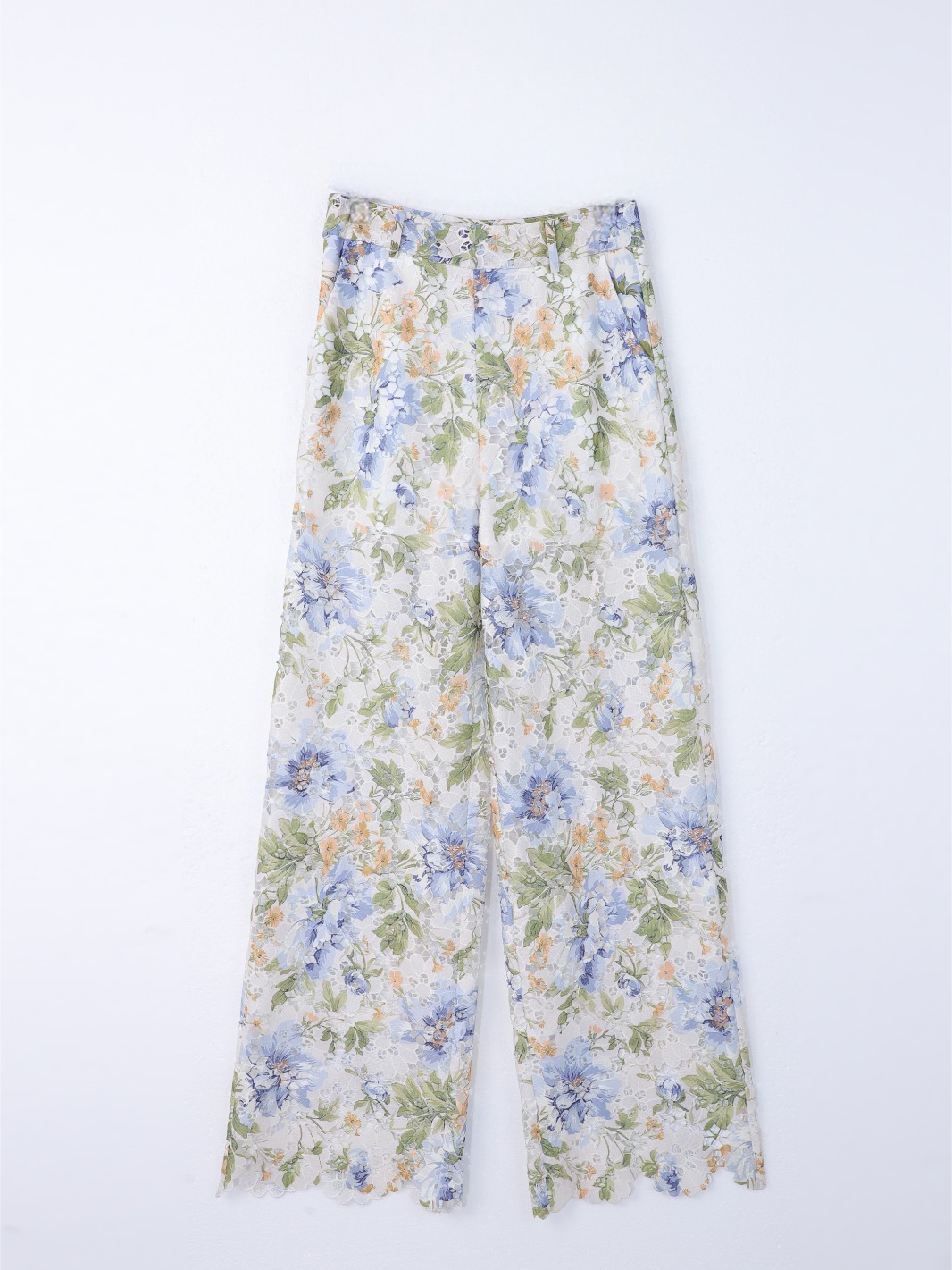 Floral Eyelet Hollow Lining Pocketed Straight Pants