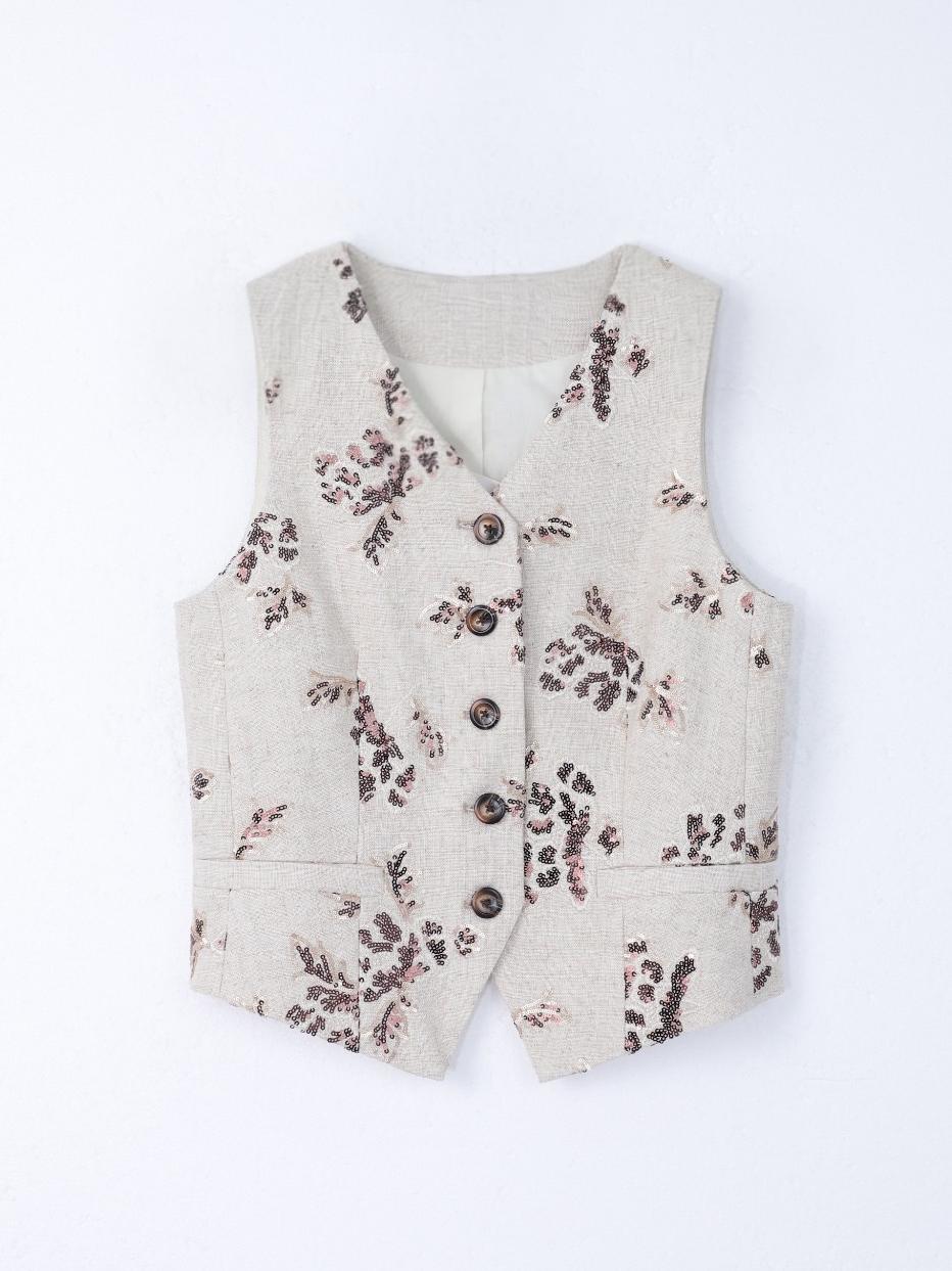 Sequin Floral Button Up V-neck Vest