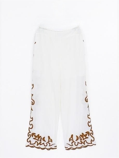 Cotton-linen Embroidered Wide-leg Pants